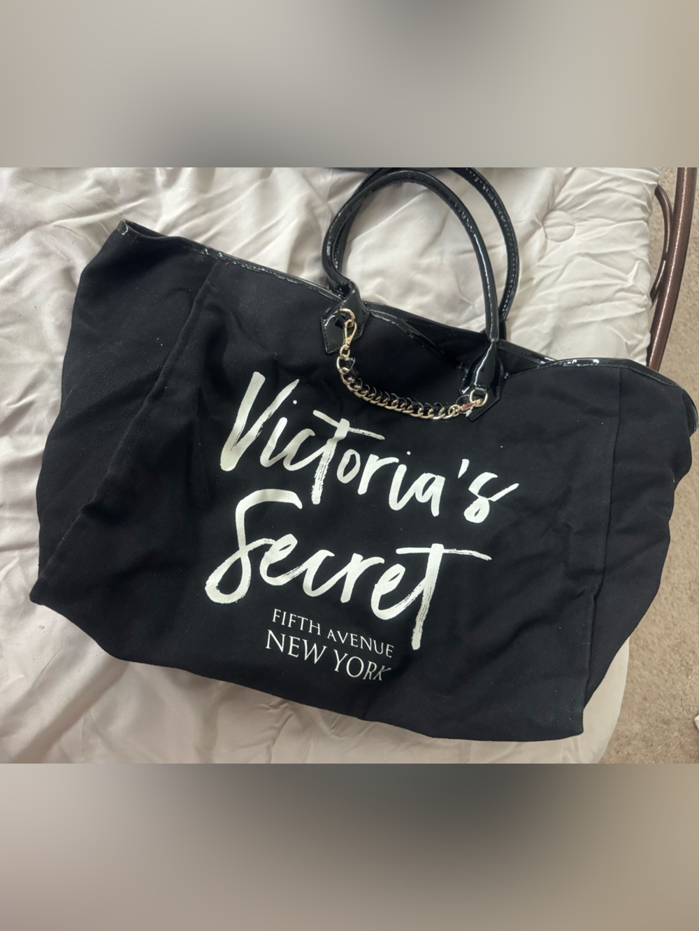 Victoria's Secret Black Canvas Tote with Gold Chain Accent